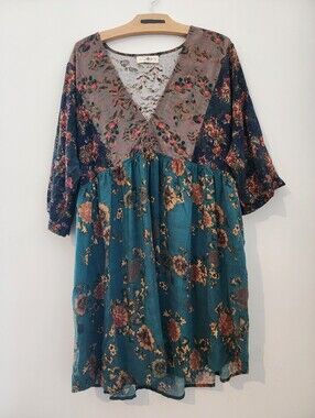 Natural Life Womens Pink Floral Ditsy Stella V-Neck Mini Dress  Large Boho